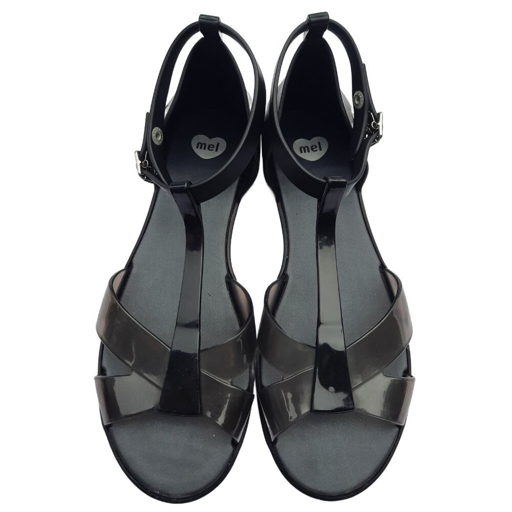 Mel By Melissa Black Jelly Sandals US 8 Ankle T Strap Flats EUR 39